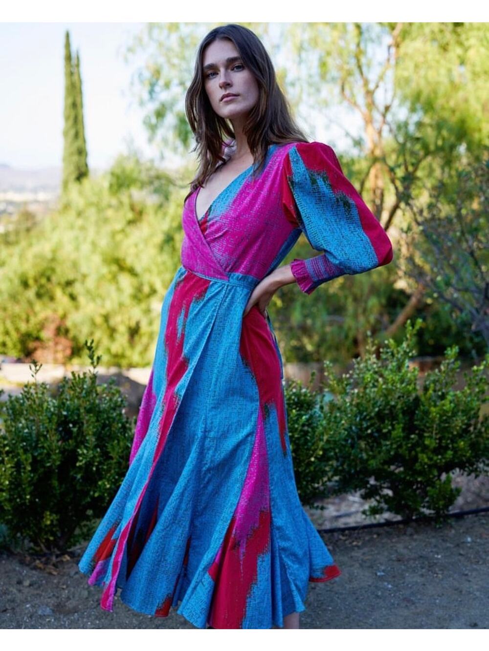 Rhode Fifi 100% Cotton Long Balloon Sleeve V-Neck Wrap Maxi Dress Ikat Medium
